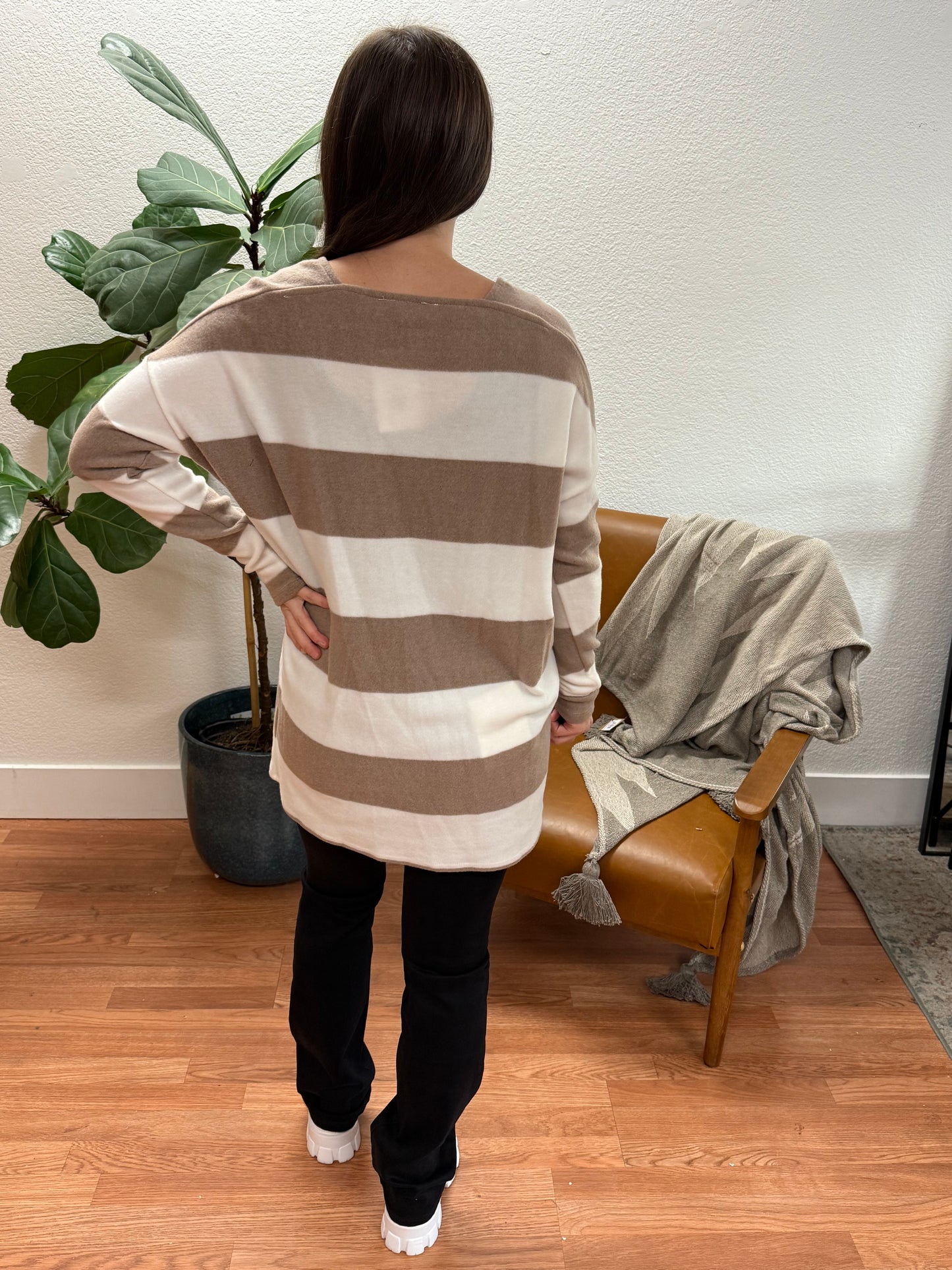 Mocha V-Neck Striped Top