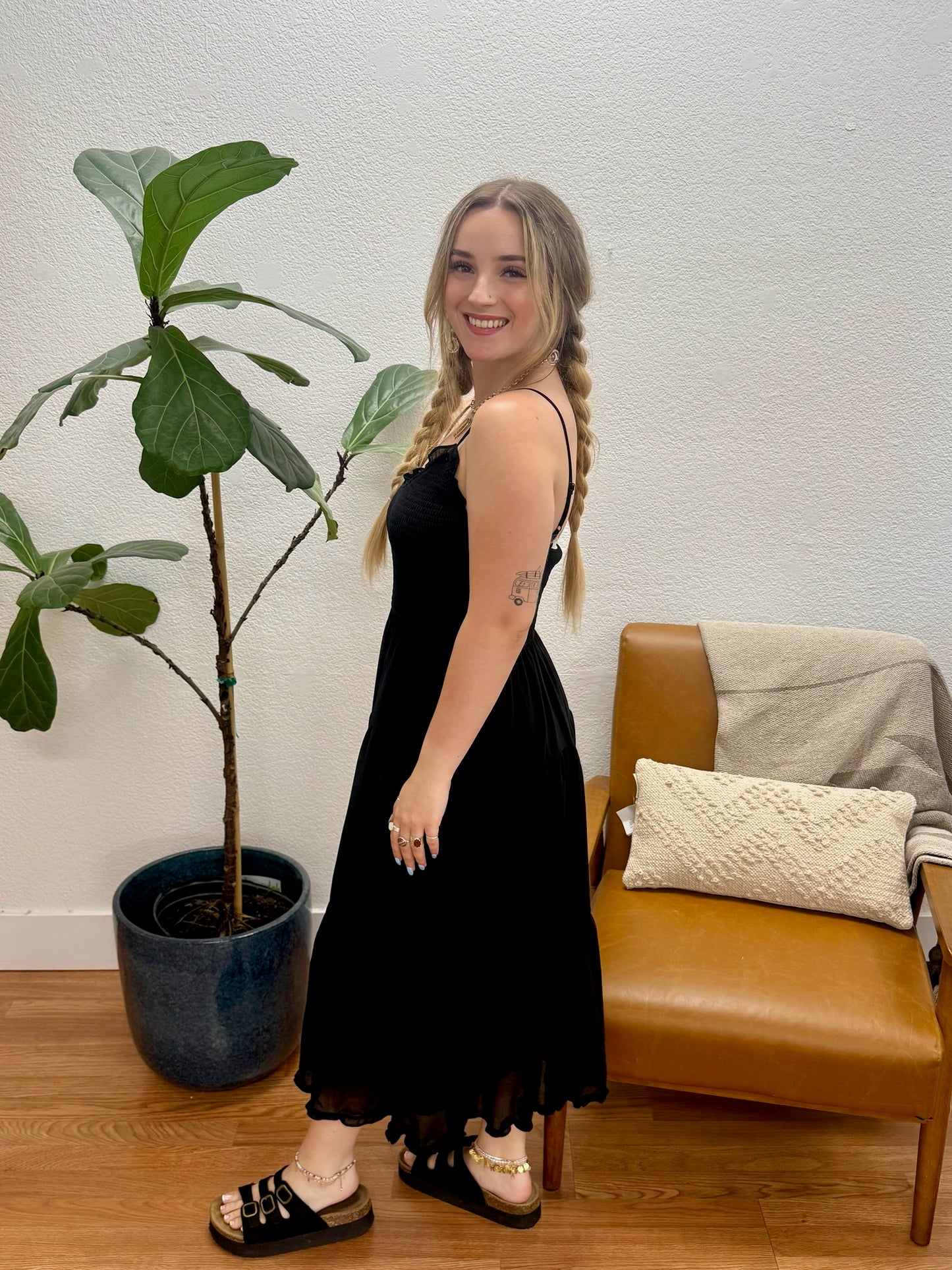 Black Chiffon Bodice Midi Dress