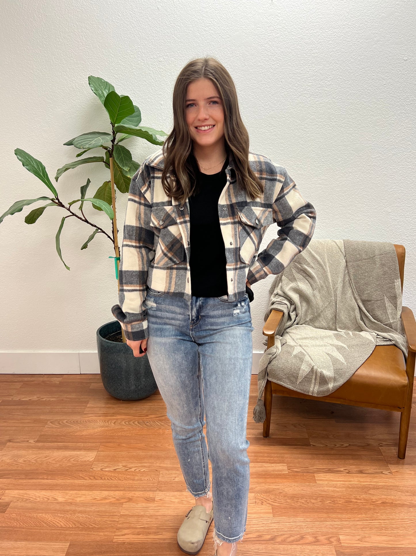 Charcoal Cropped Button Down Jacket