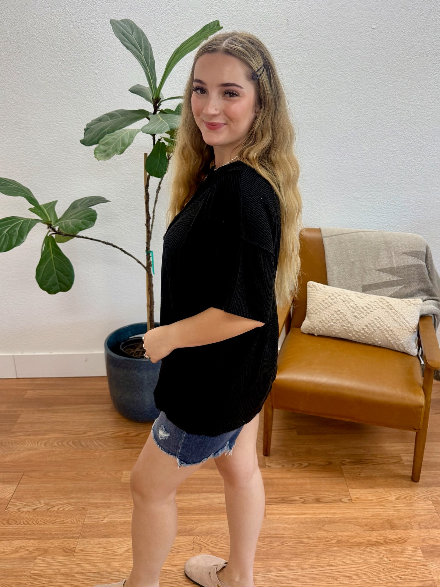 Black Urban Ribbed Button Top