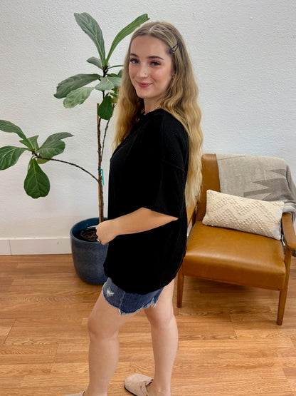 Black Urban Ribbed Button Top
