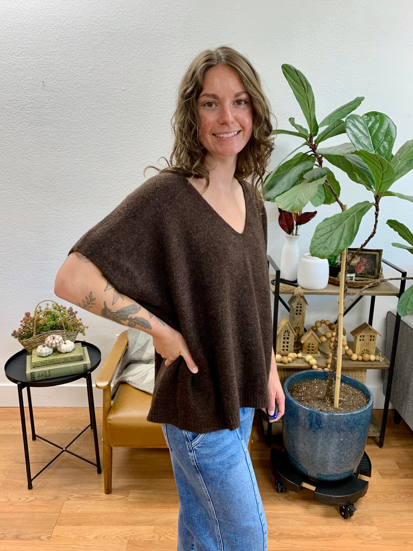 Brown V Neck Short Sleeve Sweater