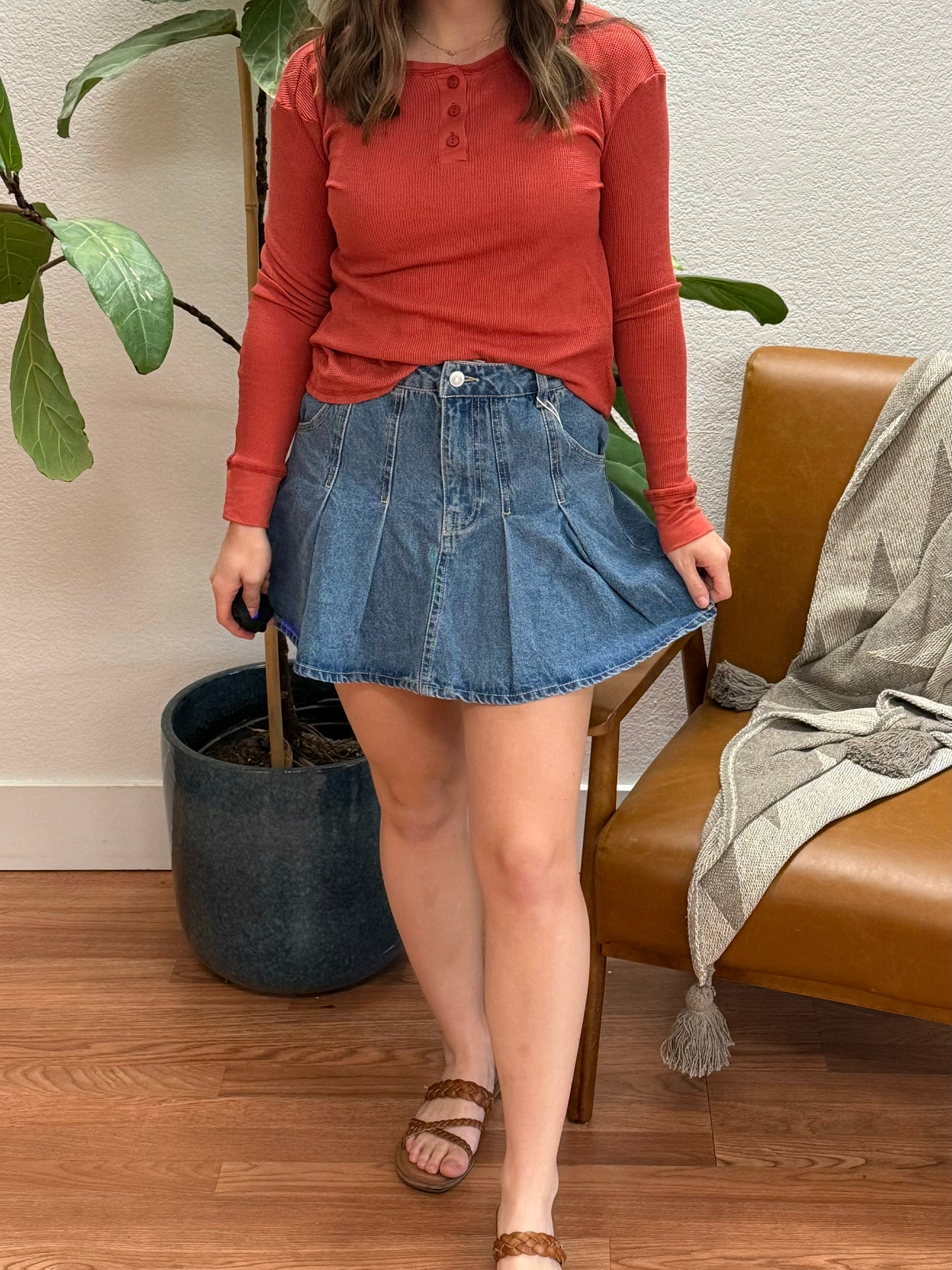 Blue Pleated Mini Denim Skirt