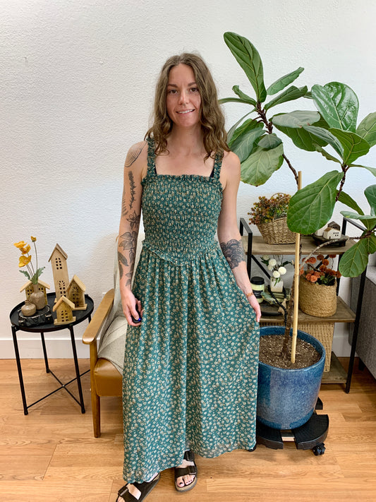 Green Floral Smocked Bodice Dress