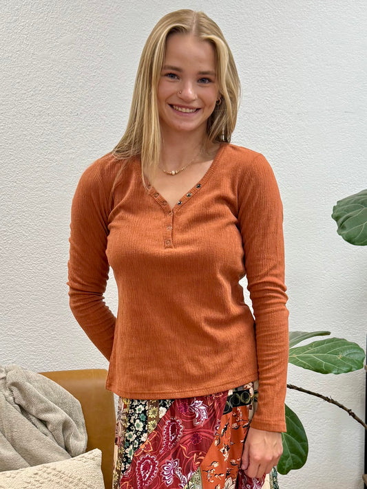 Pumpkin Textured Knit Fitted Henley Top