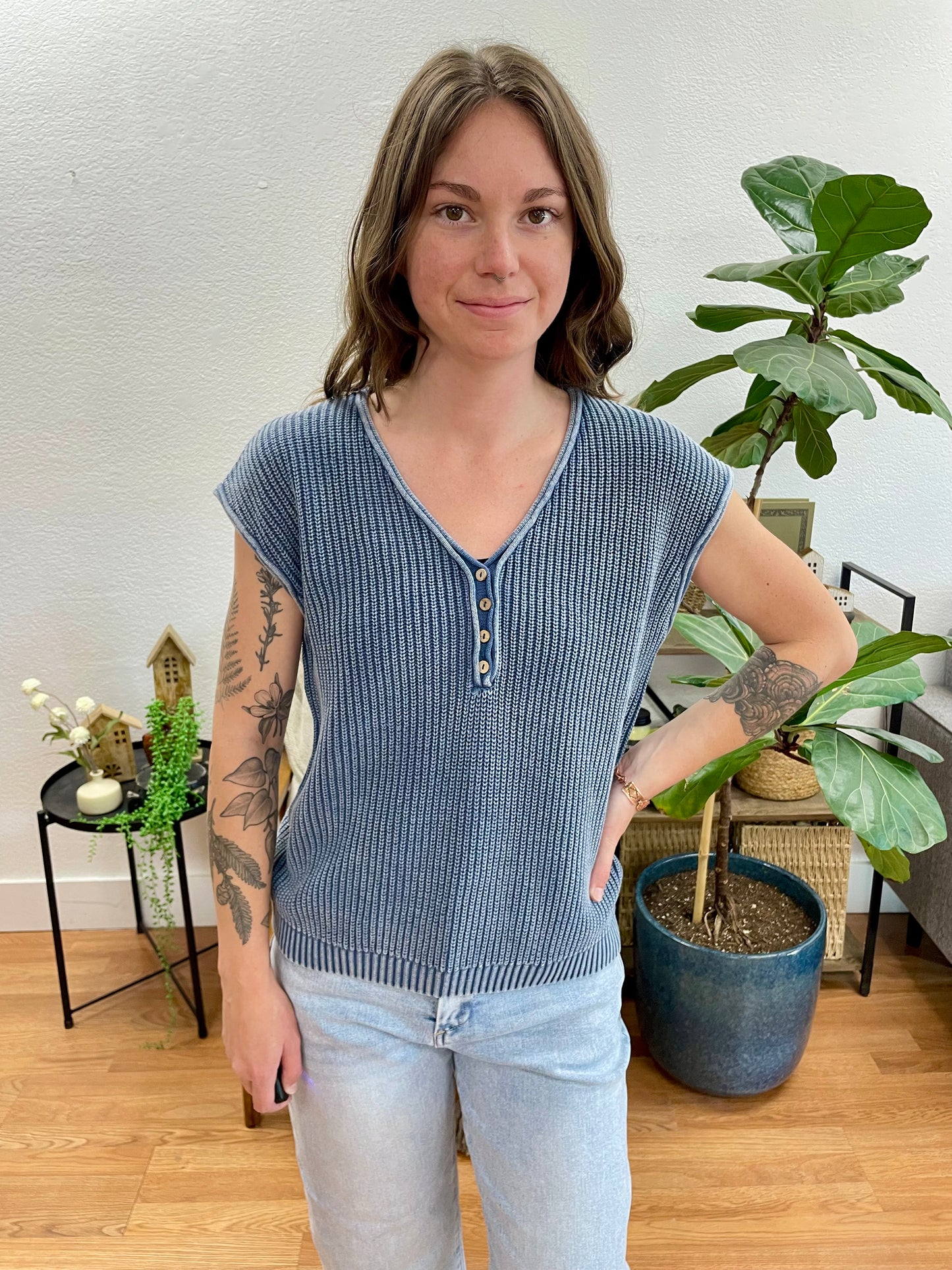 Indigo Knit Henley Top