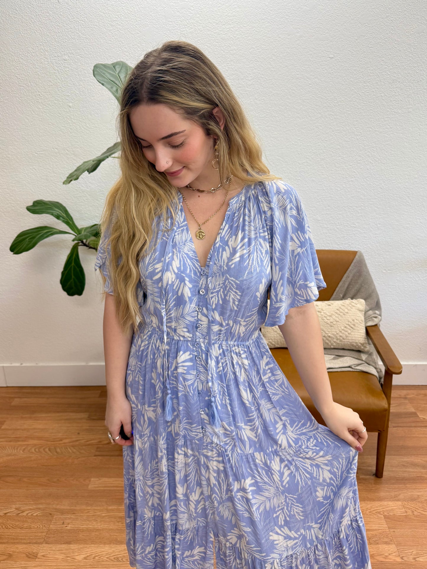 Ice Blue Leaf Maxi Dress
