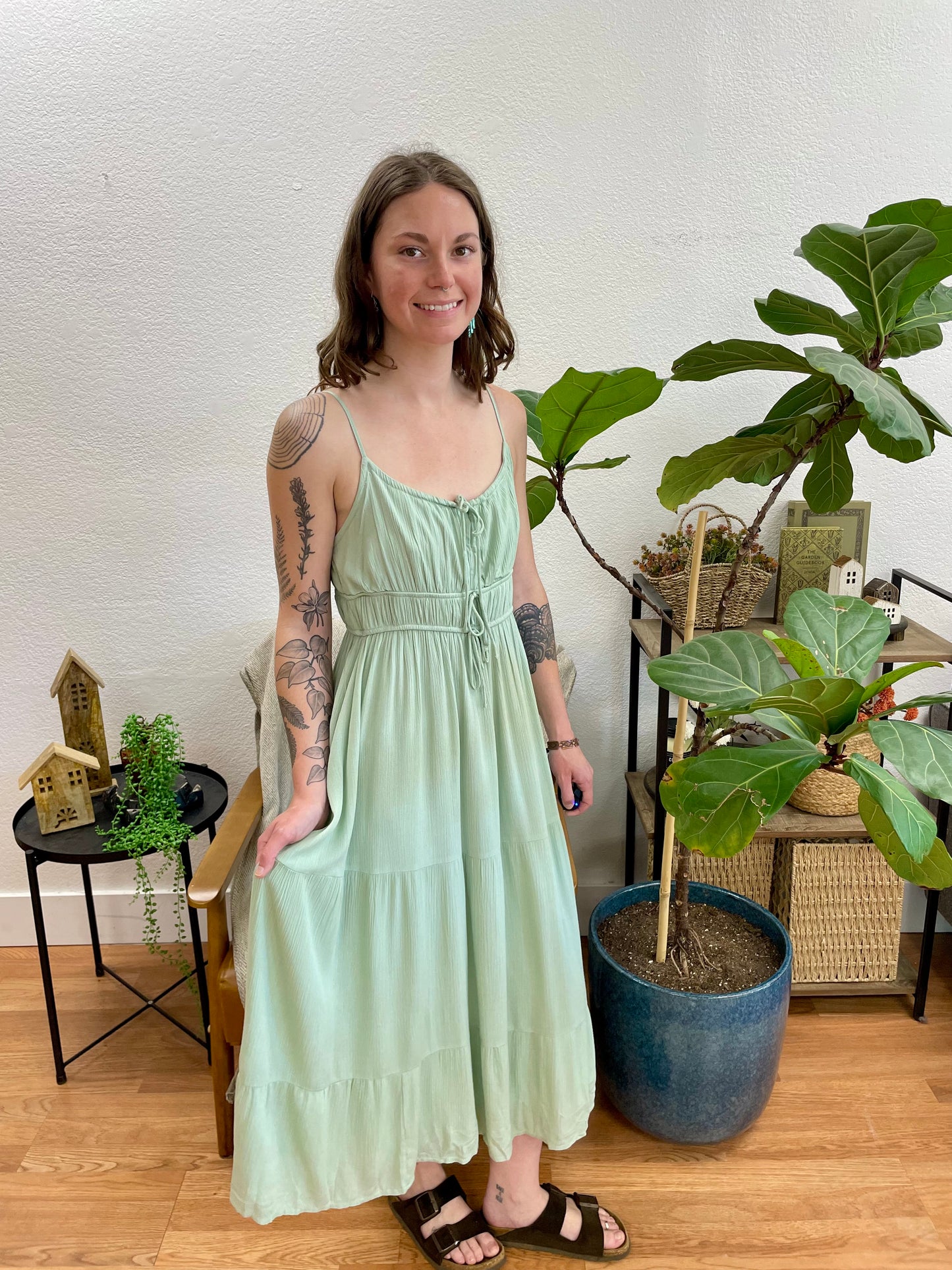 Sage Front Tie Smocked Tiered Dress