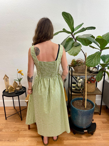 Green Plaid Basque Waist Midi Dress