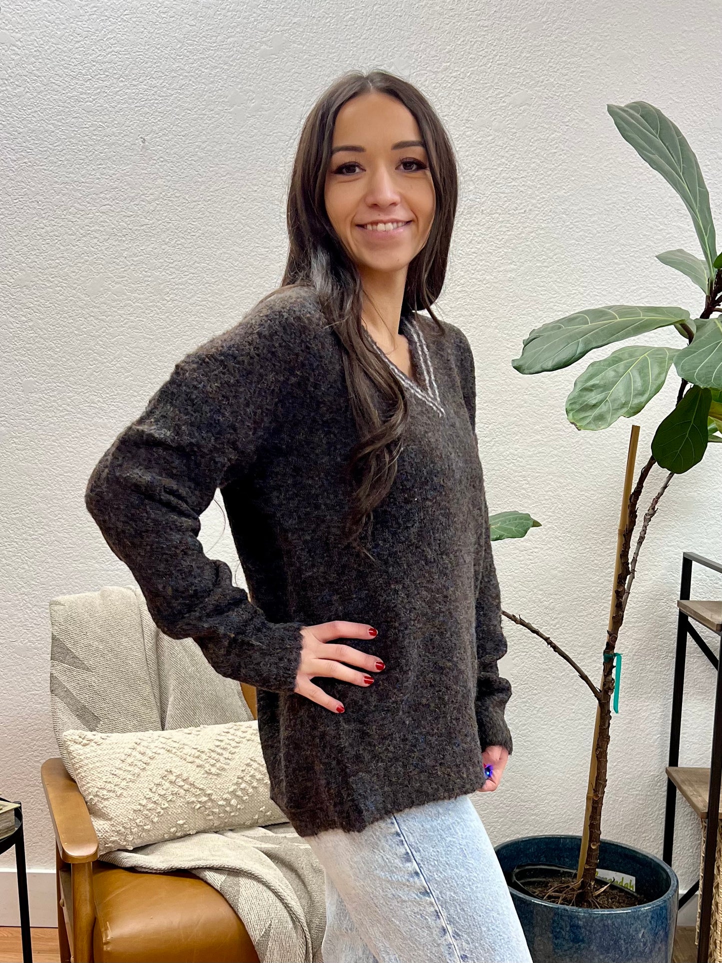 Charcoal Contrast Neckline Soft Sweater