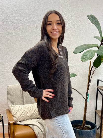 Charcoal Contrast Neckline Soft Sweater