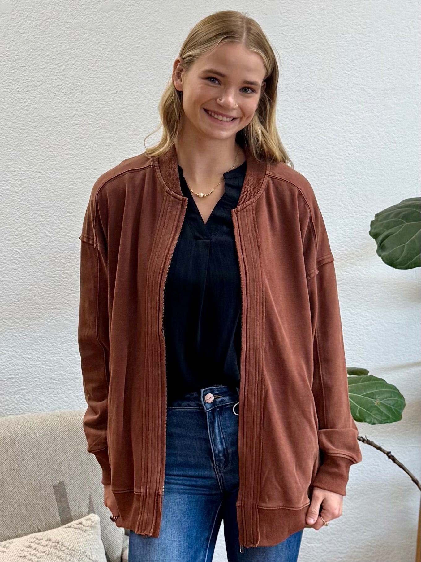 Brown Washed Zipper Jacket