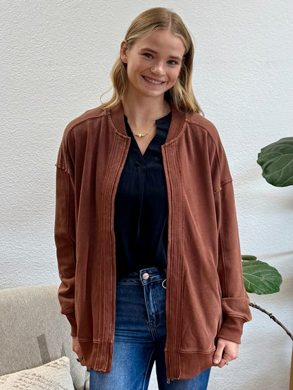 Brown Washed Zipper Jacket