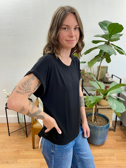 Black Crew Neck Rolled Sleeve Top