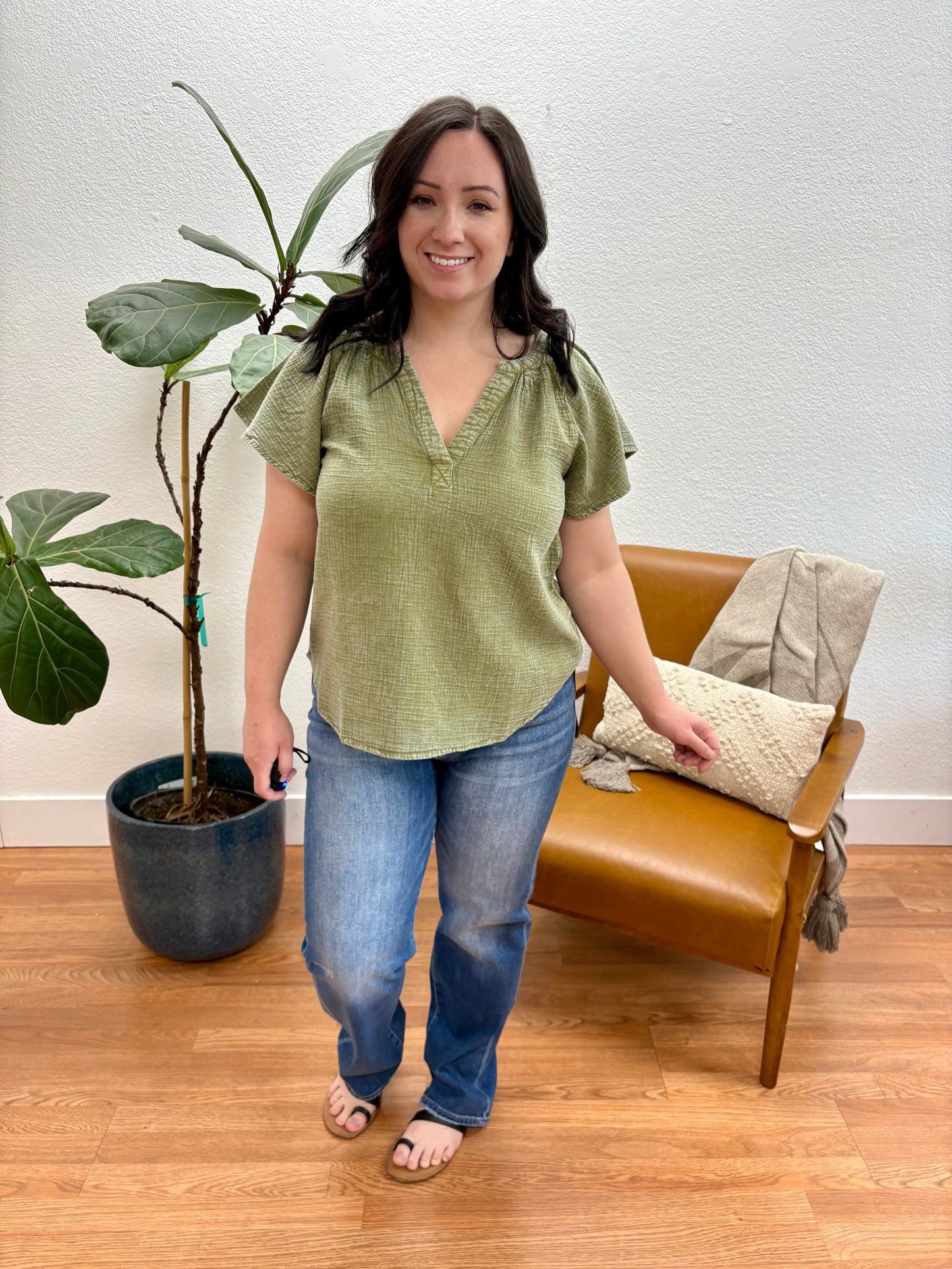 Dark Olive Washed Split Neck Top