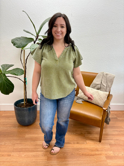 Dark Olive Washed Split Neck Top