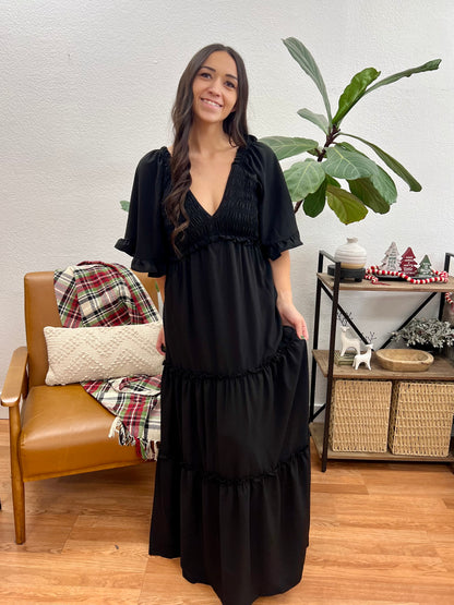 Black Flutter Sleeve Woven Maxi Dress