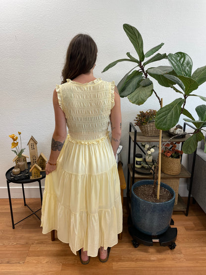 Butter Yellow Smocked Tie Front Tiered Midi Dress