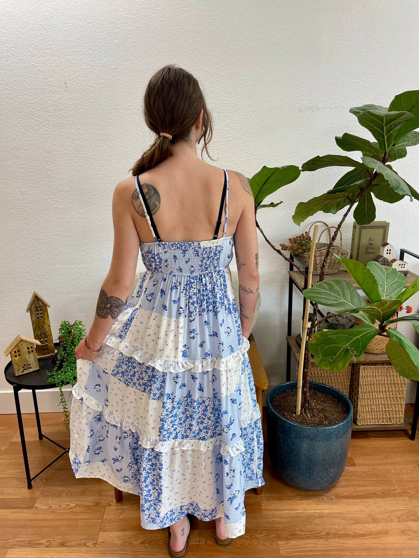 Blue Patchwork Midi Dress