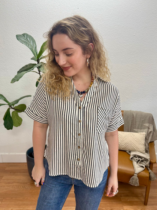 Ivory Stripe Linen Button Down Top