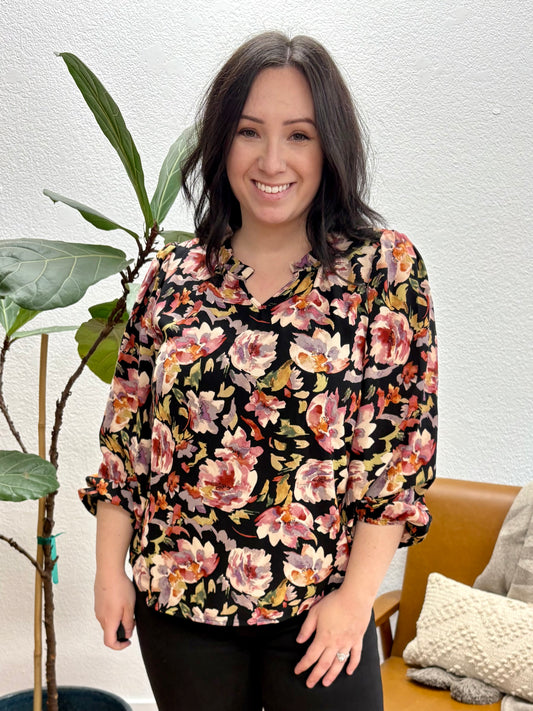Black Floral Ruffle Blouse