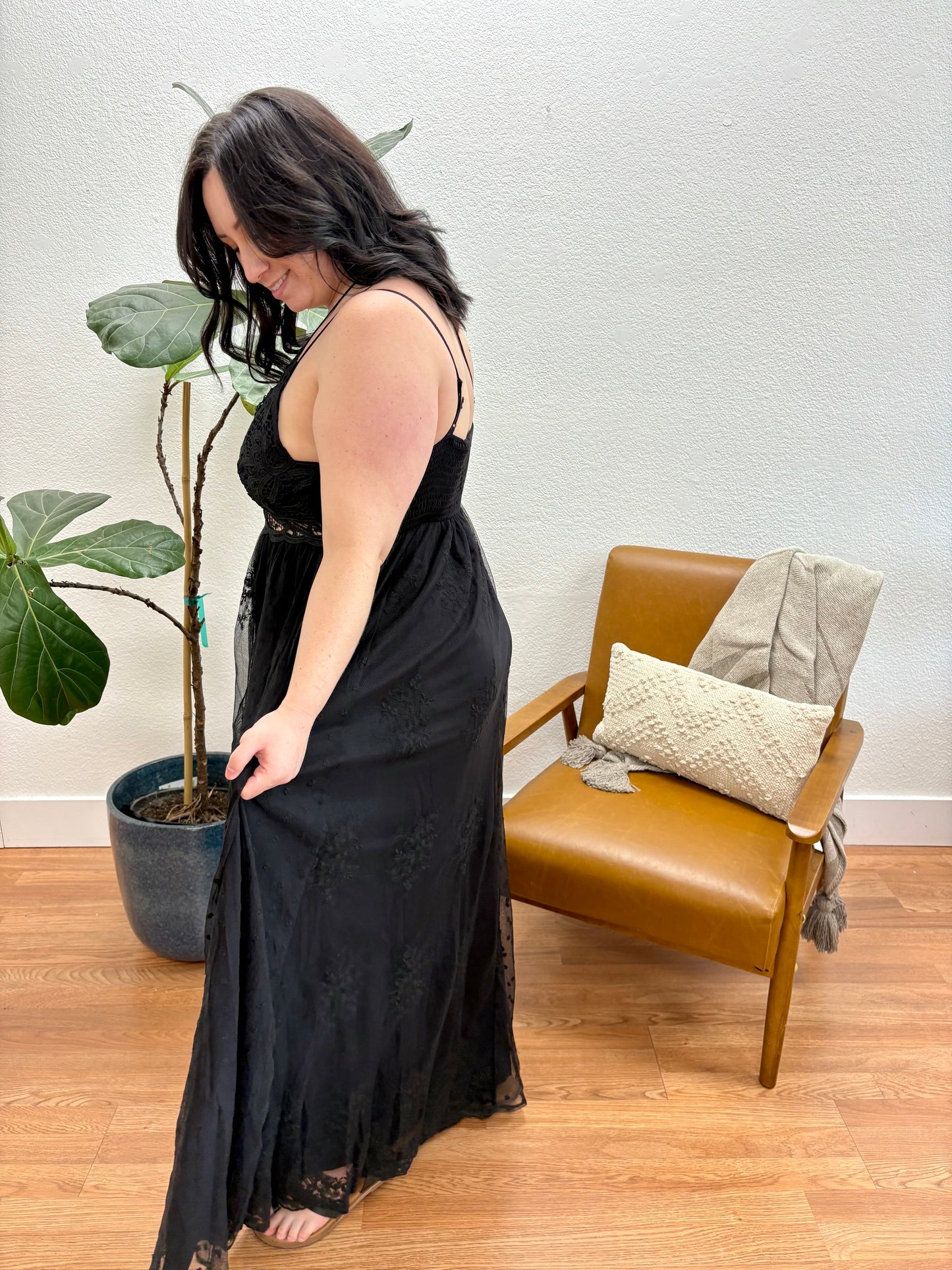 Black Lace Trim Back Cross Maxi Dress