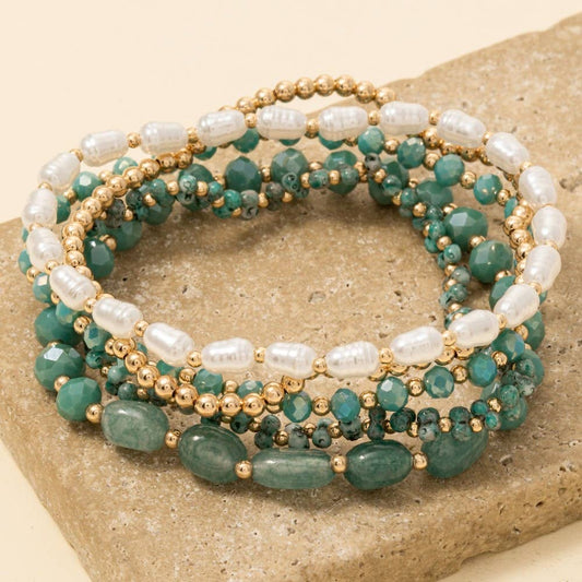 Pearl Faceted And Metallic Beaded Bracelet Set