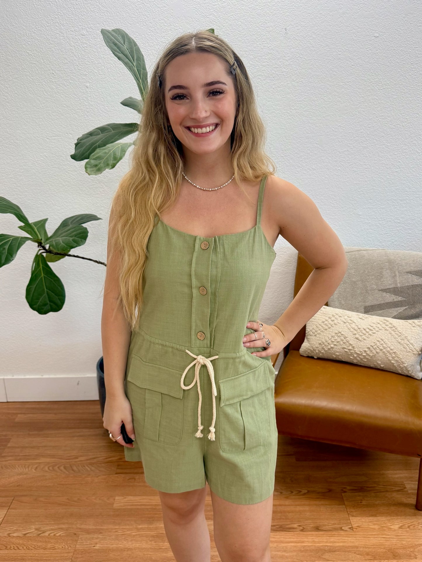 Sage Solid Woven Romper