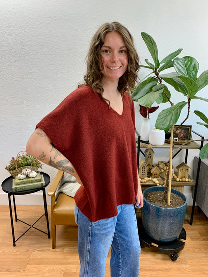 Wine V Neck Short Sleeve Sweater