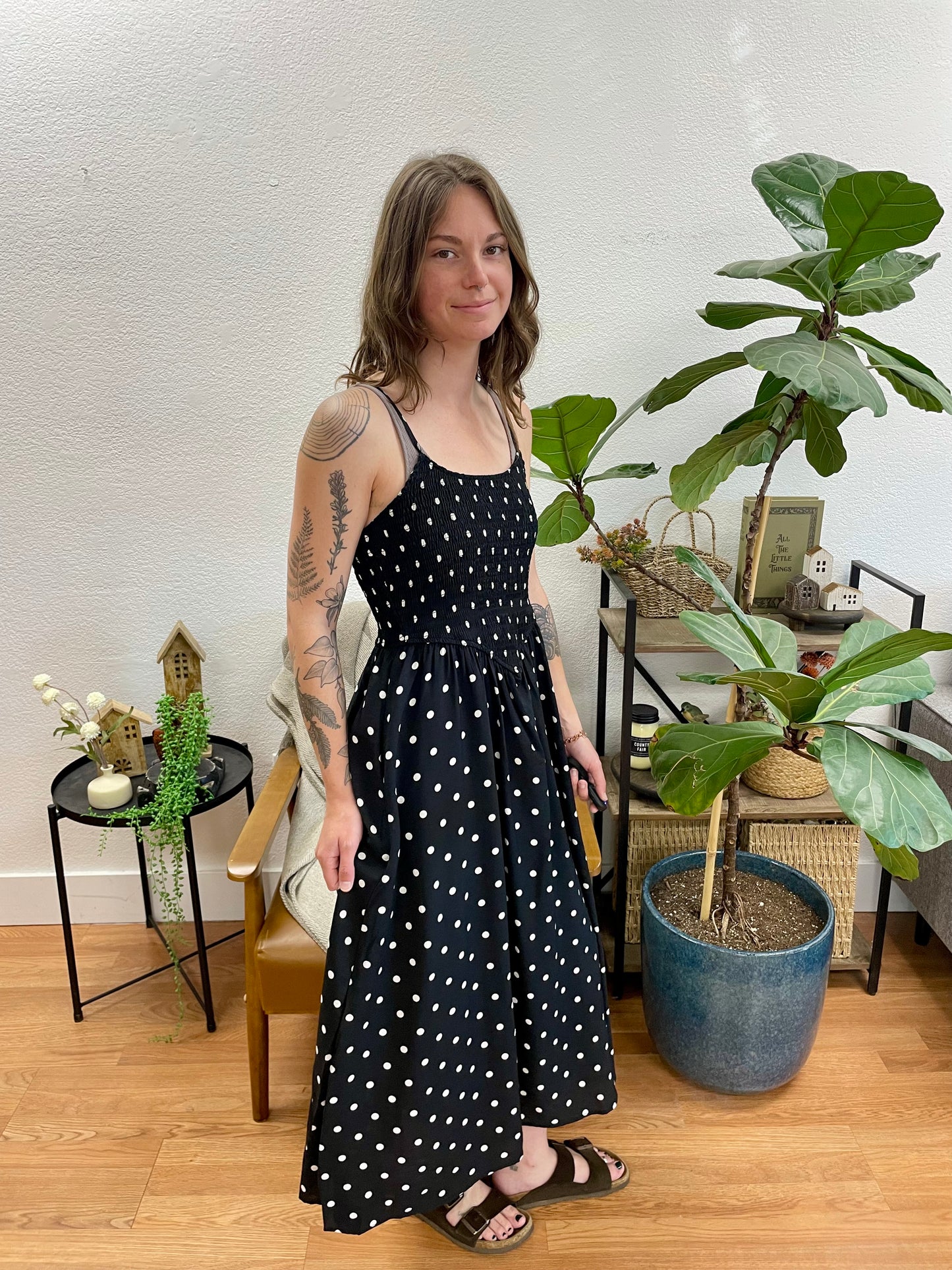 Black Polka Dot Basque Waist Midi Dress