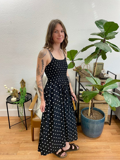 Black Polka Dot Basque Waist Midi Dress