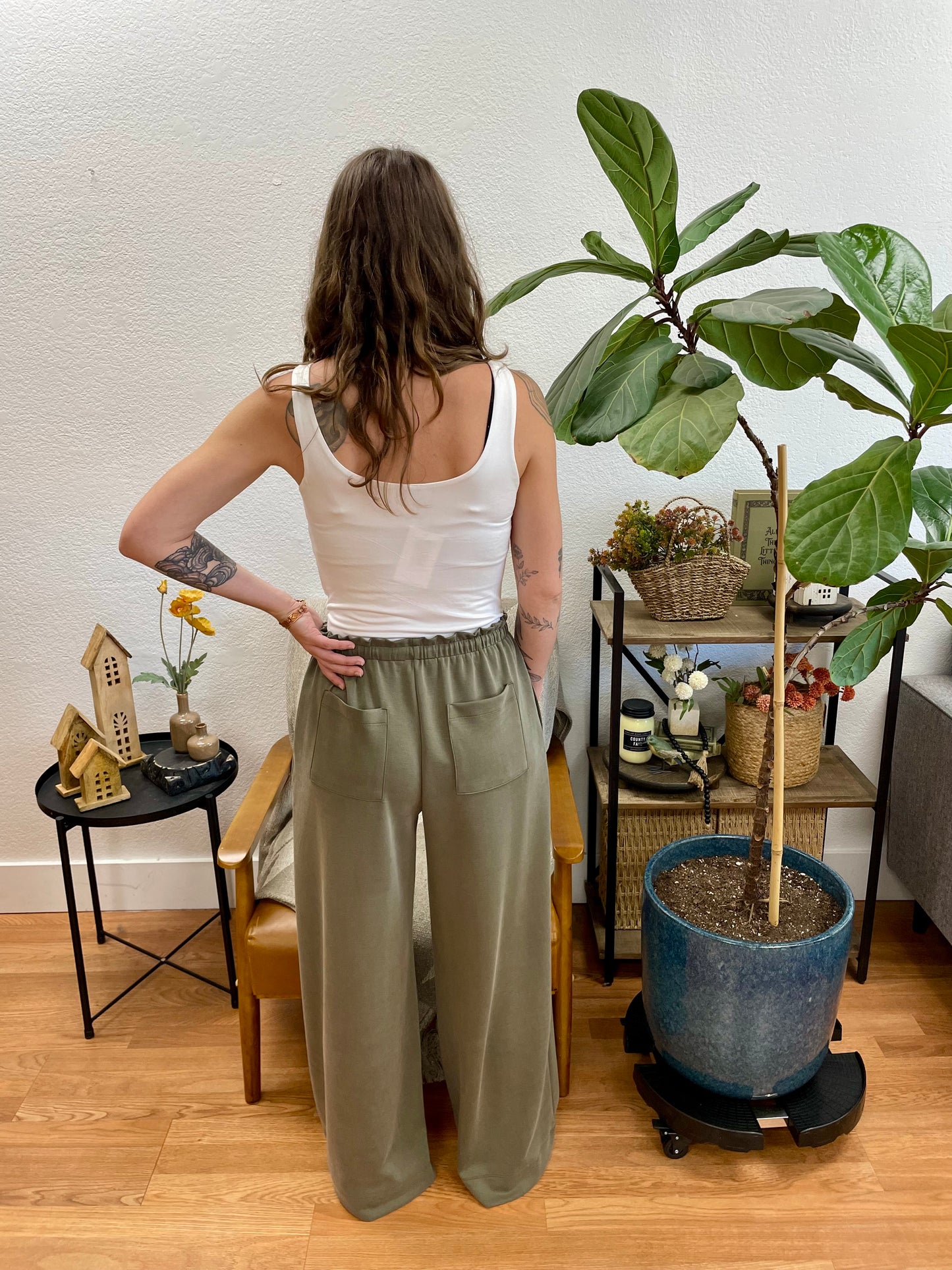 Olive Solid Wide Leg Pants