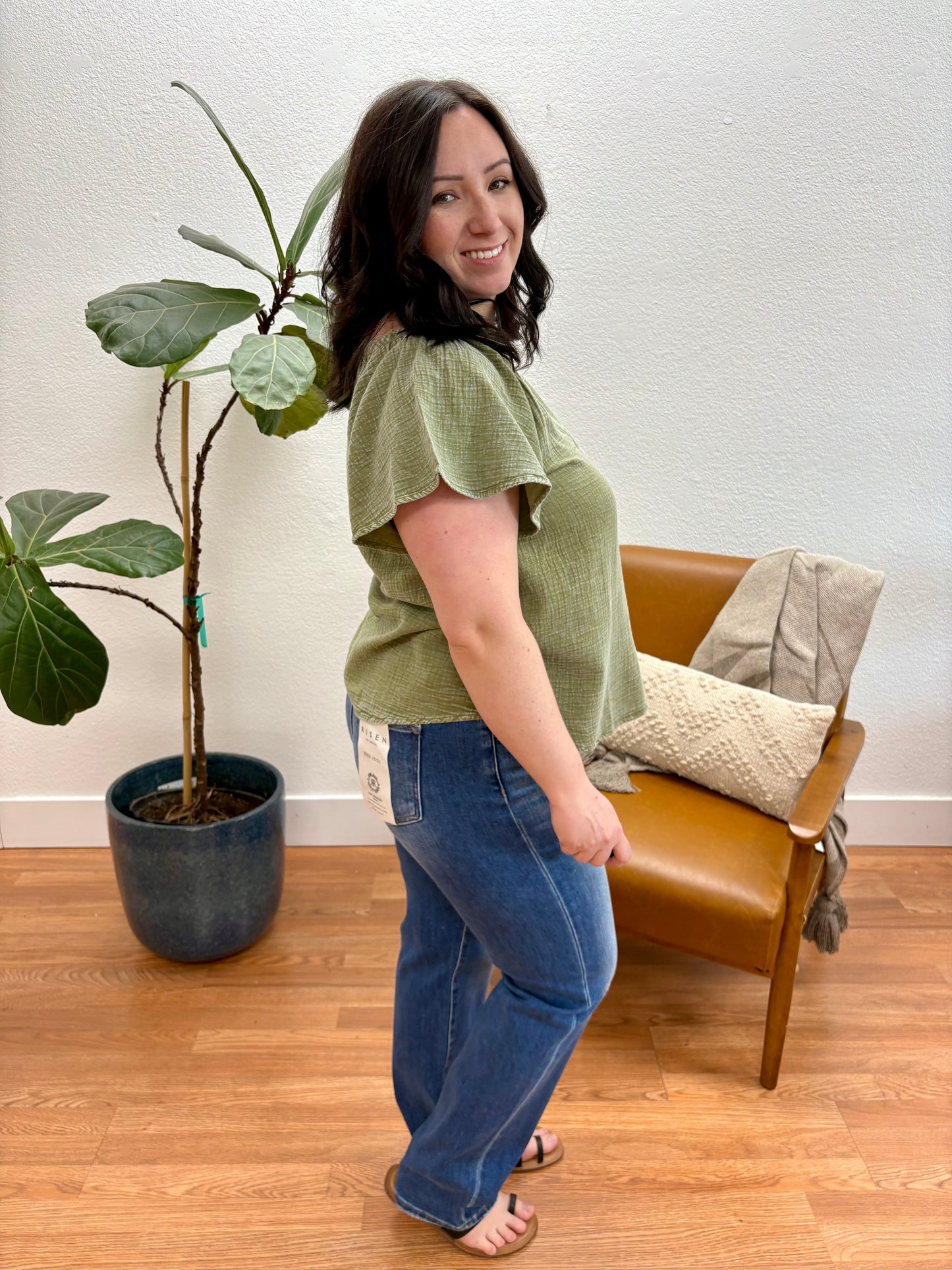 Dark Olive Washed Split Neck Top