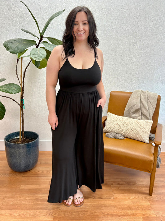 Black U-Neck Flare Wide Leg Jumpsuit