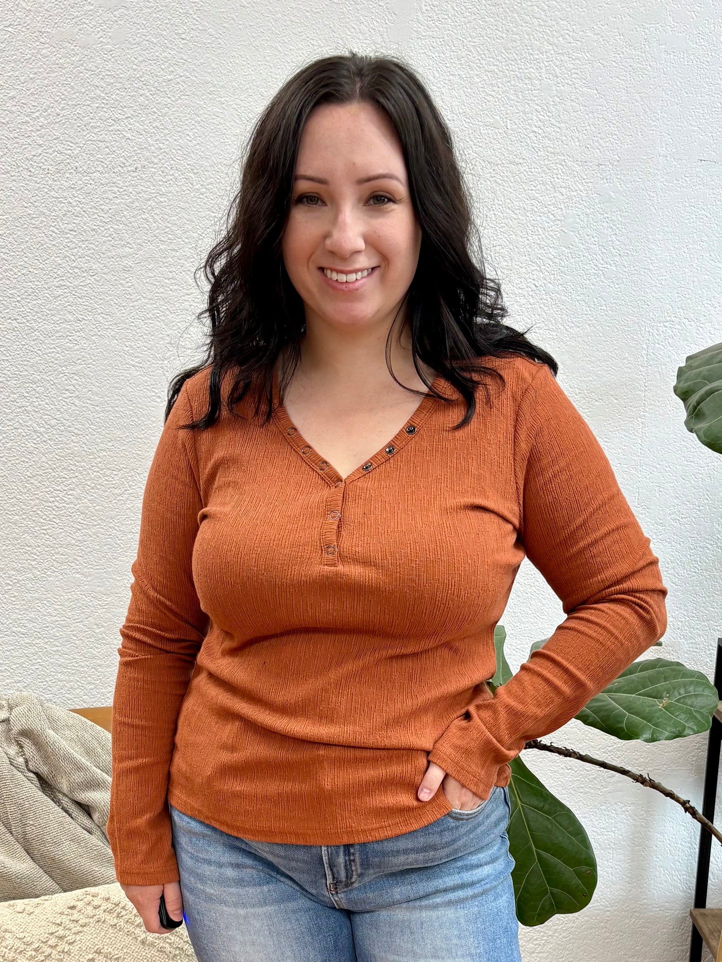 Pumpkin Textured Knit Fitted Henley Top