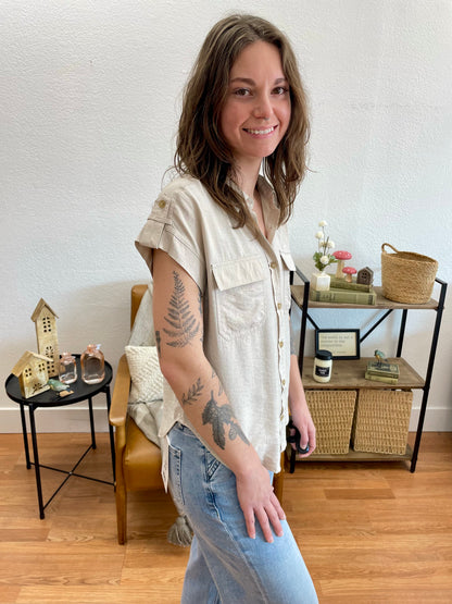 Beige Collared Tab Sleeve Top