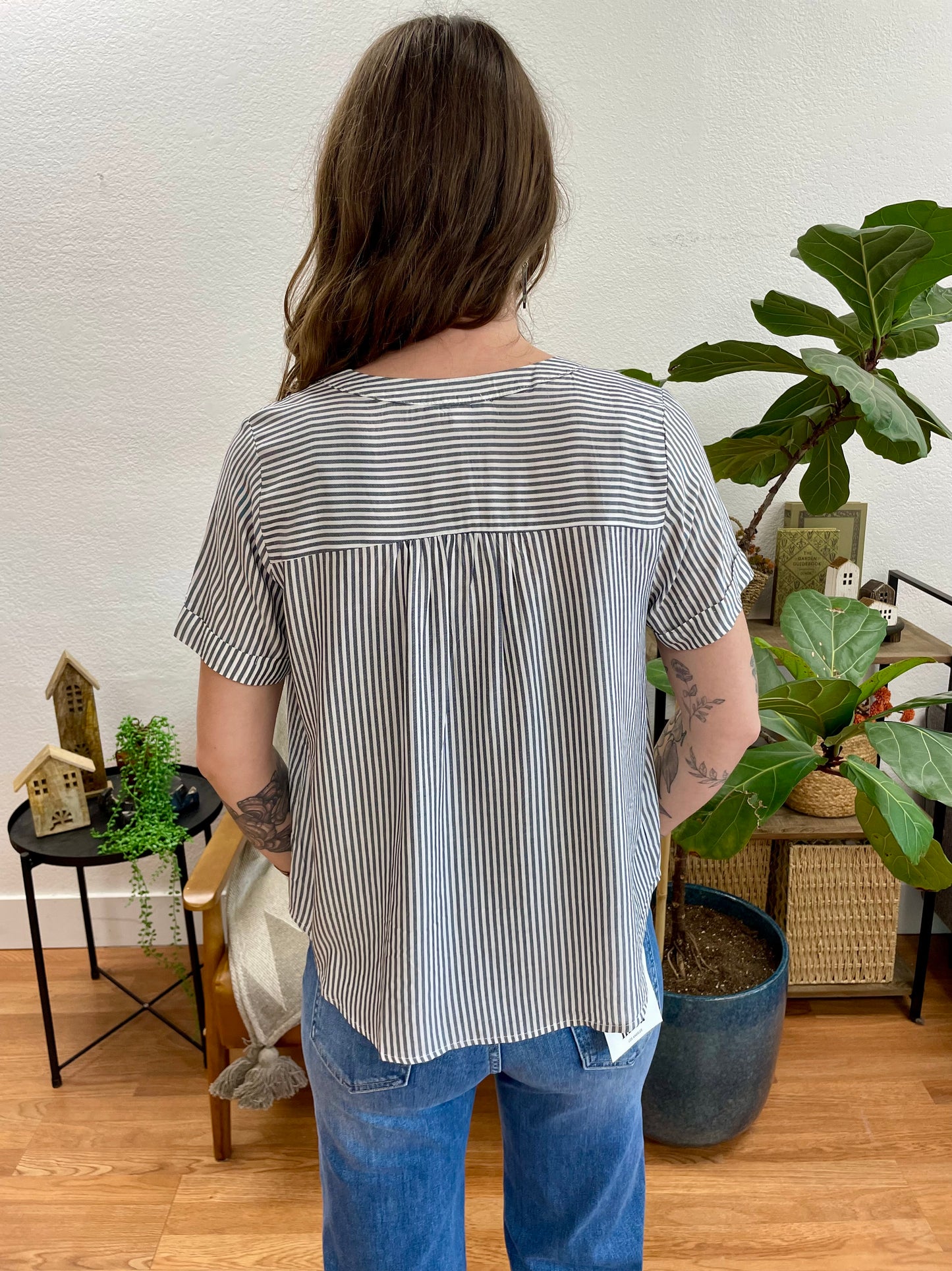 Navy Pintuck Striped Button Down