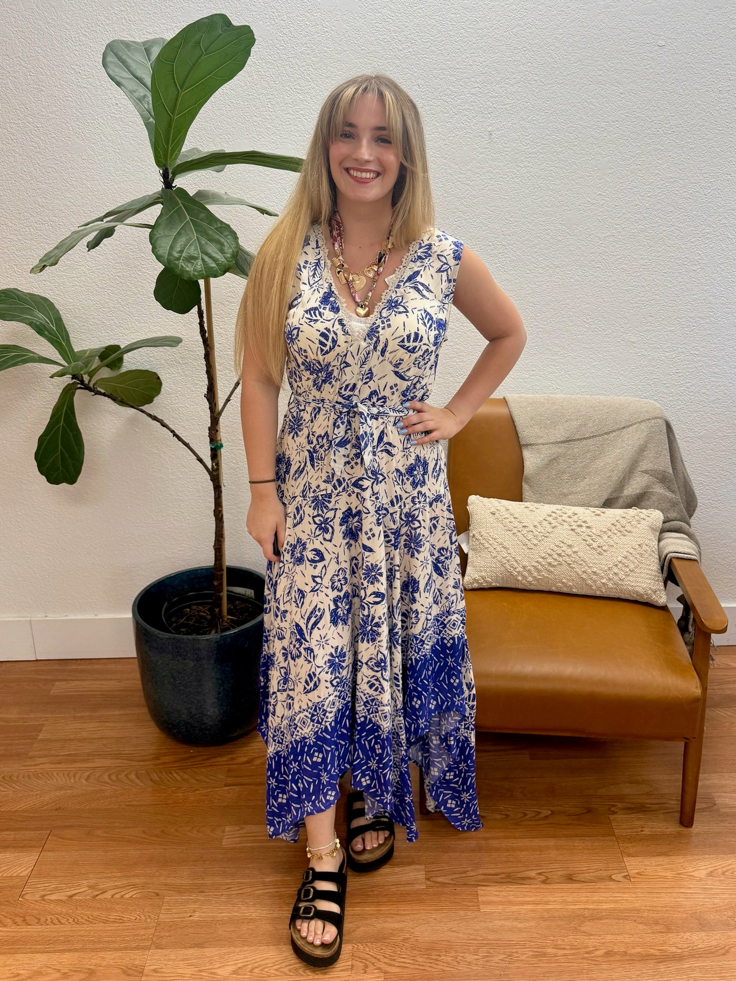 Ivory Blue Smock Back Maxi Dress