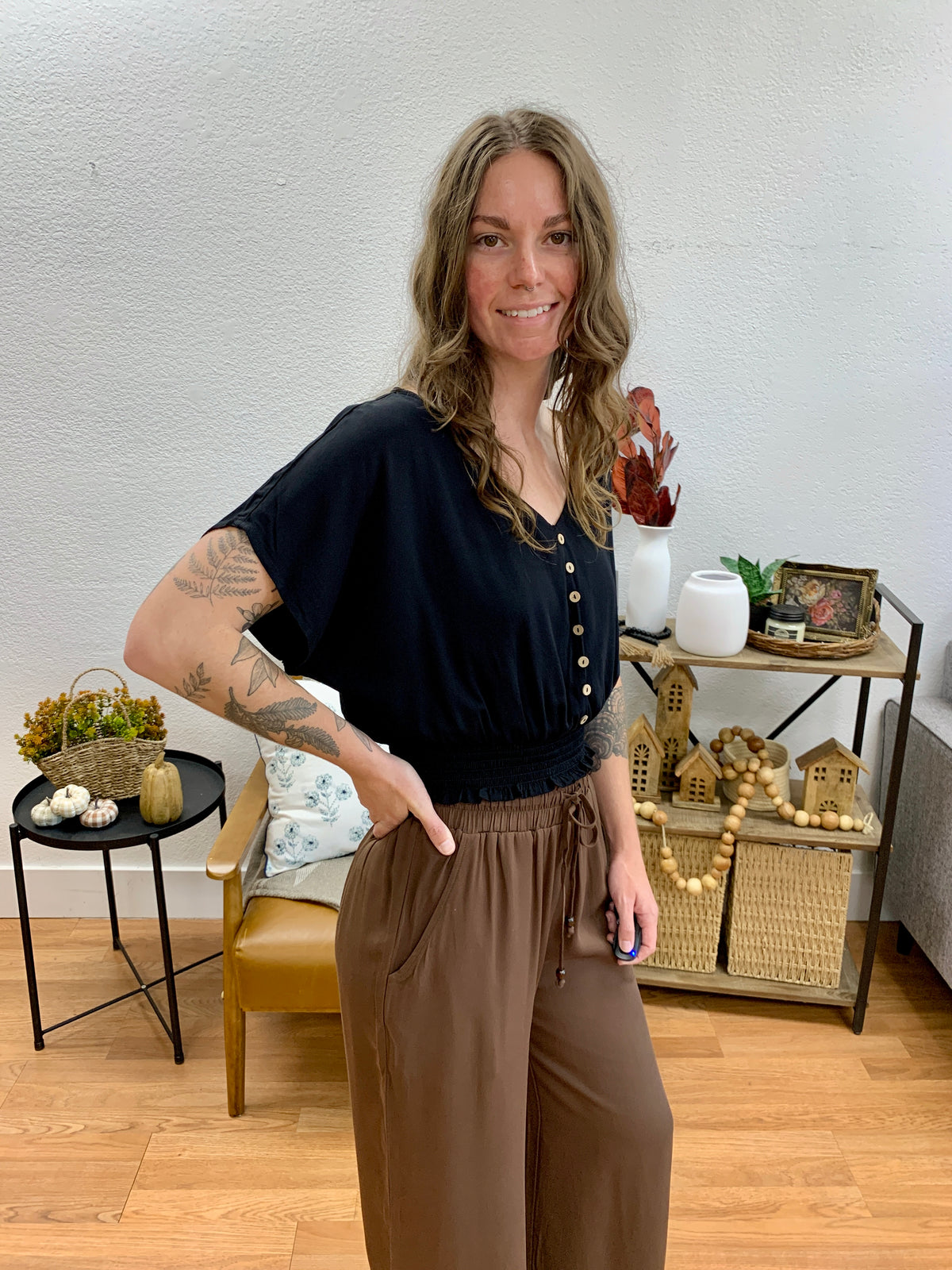 Black Button Front V Neck Top