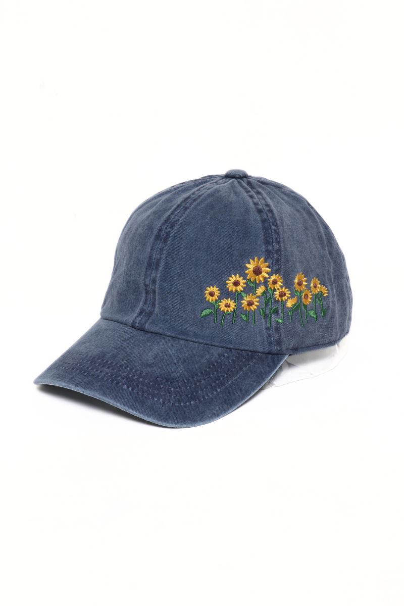 Navy Sunflowers Side Embroidery Cotton Baseball Cap