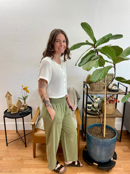 Olive Smocked Waist Relaxed Pants