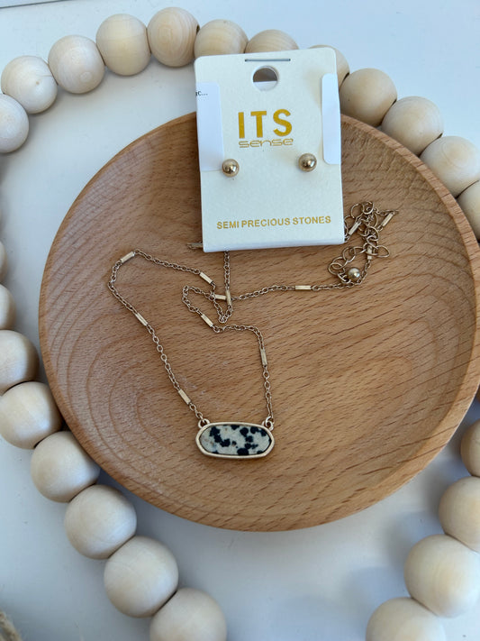 Dalmatian Oval Semi Precious Stone Necklace with Earrings