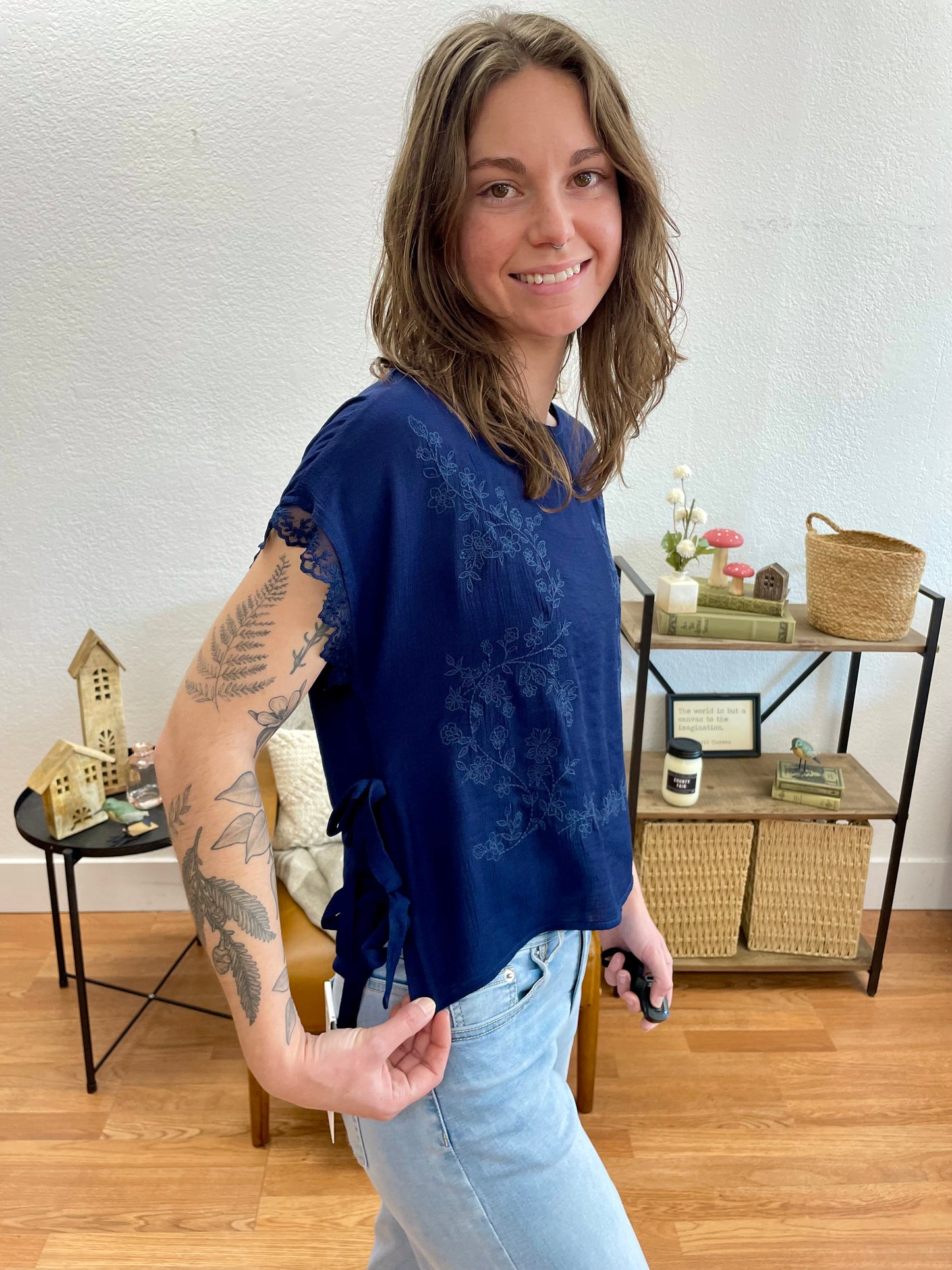 Navy Side Tie Lace Top - Terra Cottage