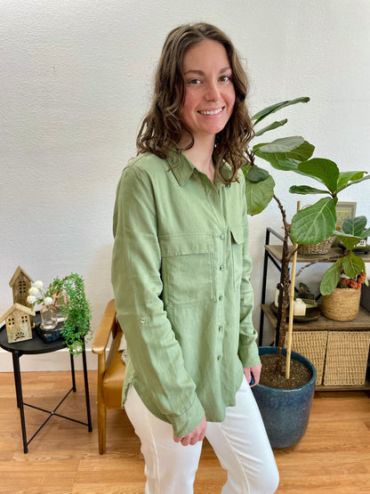 Olive Linen Button Up Blouse