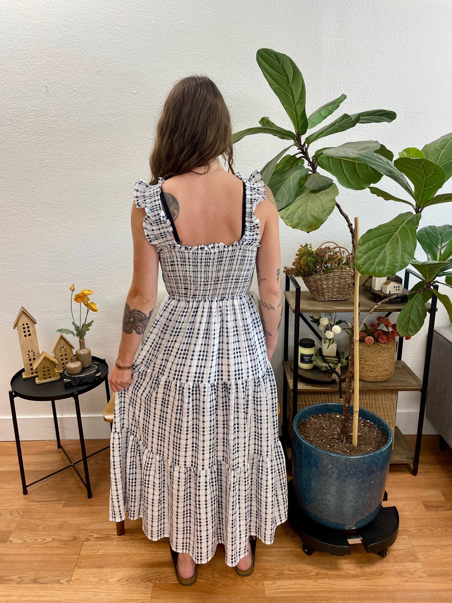 Navy Plaid Smocked Midi Dress