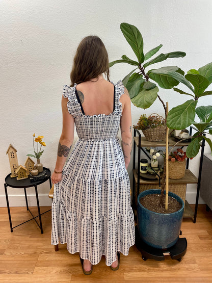 Navy Plaid Smocked Midi Dress