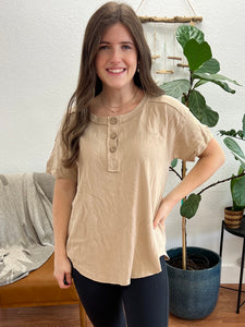 Mocha Henley Raw Seam Top