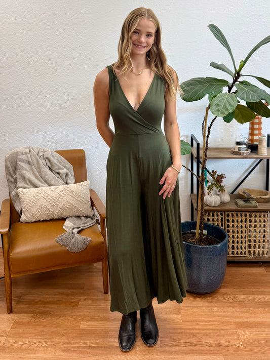 Dark Olive Surplice Neckline Sleeveless Jumpsuit