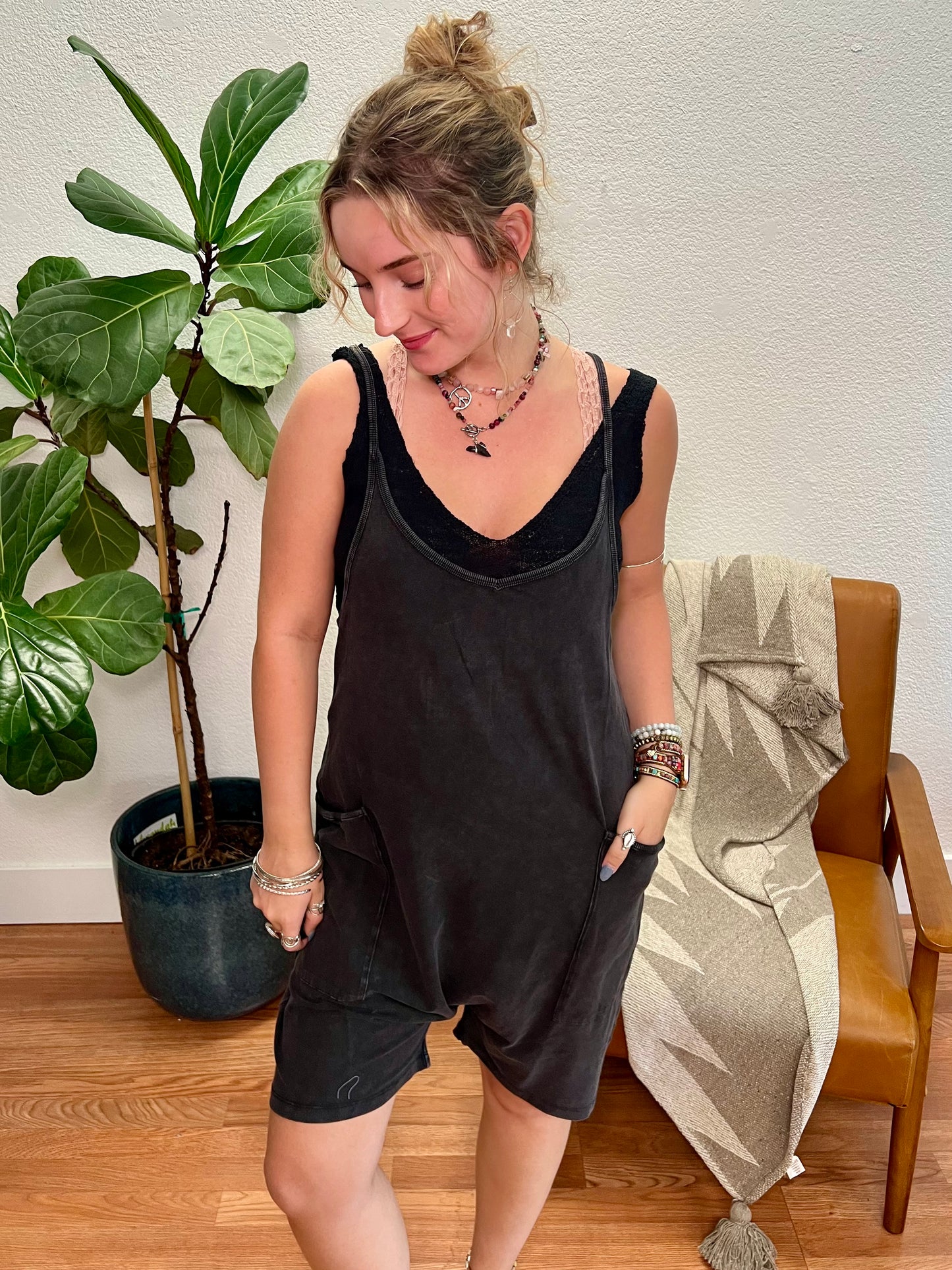 Black Mineral Washed Romper