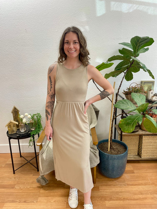 Taupe Ribbed Side Slit Tank Dress - Terra Cottage